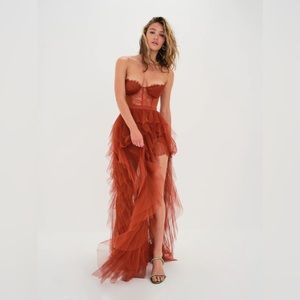 For Love and Lemons Bustier Gown in rust color. Single use. Large size (L).